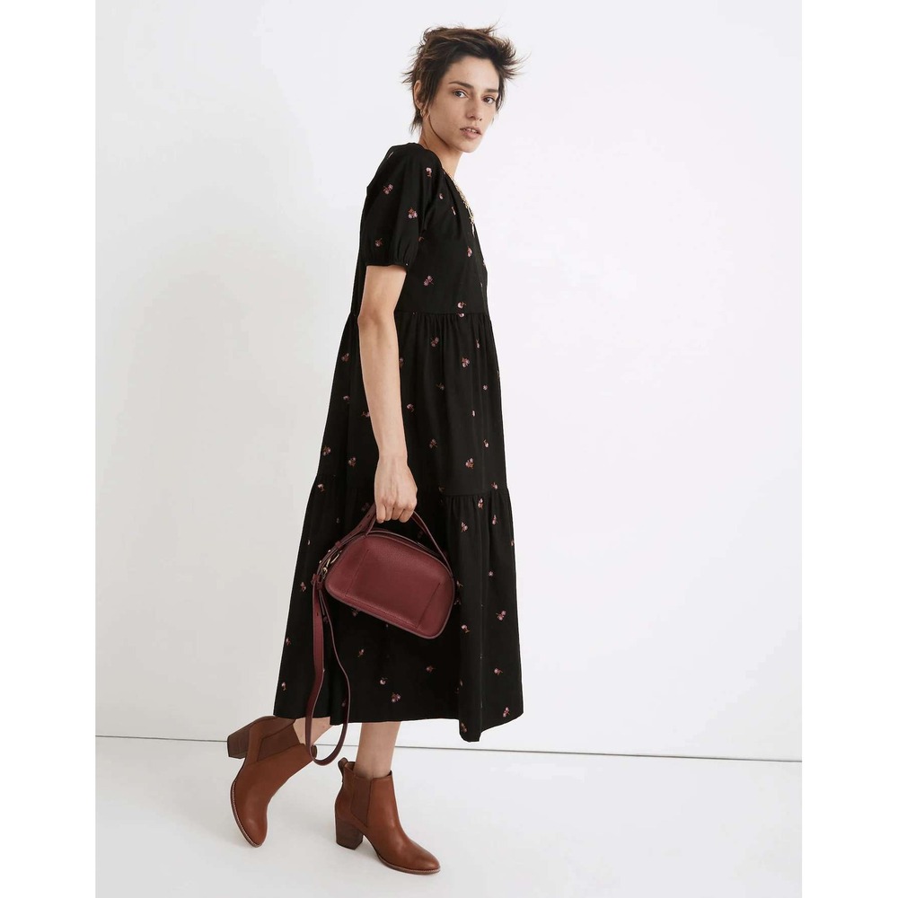 Madewell Embroidered Tiered Midi Dress Cotton Floral Puff Sleeve Black Size S